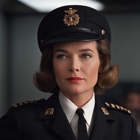 cinematic film still of  <lora:James Bond 007 style:0.9> detailed sharp image of
Miss Moneypenny Lois Maxwell a woman in a uniform is talking to someone,solo,looking at viewer,smile,shirt,1boy,hat,white shirt,male focus,necktie,teeth,collared shirt,blurry,black jacket,black headwear,blurry background,parody,realistic , dramatic light, dramatic shadow light, contrast, cinematic color, cinematic look, filmic, realistic, realism, perfection, perfect, Kodak, Kodak film, movie still, spy film, action themed, espionage, James Bond style, James Bond film style, 007 style, 007 film style, shallow depth of field, vignette, highly detailed, high budget, bokeh, cinemascope, moody, epic, gorgeous, film grain, grainy