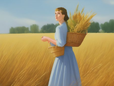 portrait hero shot of 1950s female worker carrying basket in front of golden grain fields, soviet , art by socialistrealism, propaganda poster, still life, blue sky, light shining