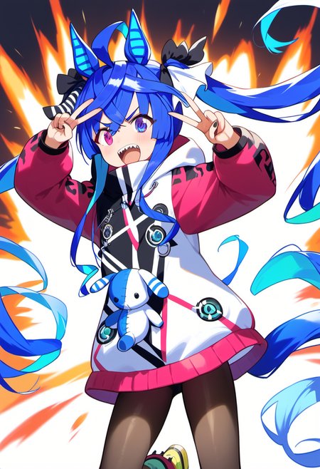 <lora:pony_turbo:1> , score 9, score 8 up, score 7 up, source anime,1girl,   twin turbo \(umamusume\), turboPP ,explosion background, v,