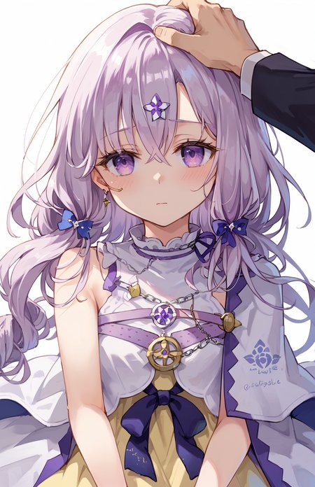 score_9, score_8_up,score_7_up,BREAK,source_anime,break, 
<lora:lagelan(arc)-000010:1> lagelan(arc), (monocle:1.331), light_purple_hair, white_hair, long_hair, yellow_dress, 1girl, purple_eyes,hair ornament,monocle chain,
headpat, looking away, shy,blush, simple background, pov, hand