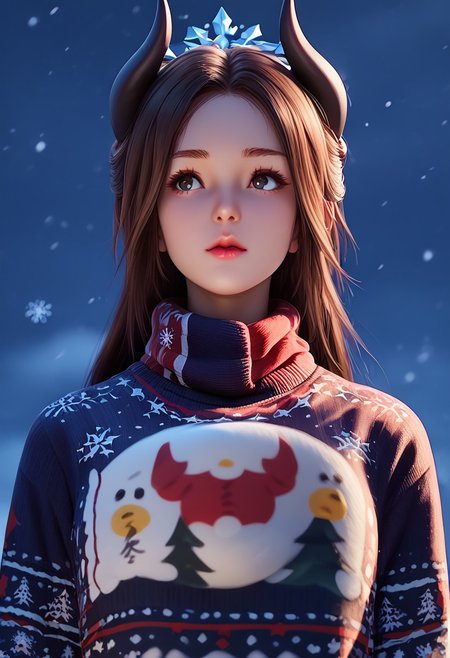 score_9, score_8_up, score_7_up, score_6_up, score_5_up, score_4_up, masterpiece, ultra-detailed, high resolution,
christmas_sweater,chuxue, Demon，
1girl, brown hair, parted bangs, slightly parted lips, looking down, wearing a black star-patterned sweater and scarf, in a night scene, with heavy snowfall, large and fluffy snowflakes, six-pointed and crystal-clear snowflakes, stars shining in the sky, a cute and innocent demon girl, demon horns, beautiful and pure, snow details