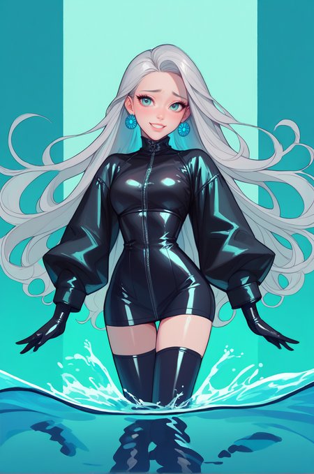 one girl, solo, sexy body, small waist, best quality, masterpiece, embarrassed, smile, hidden, long hair, gray hair, aquamarine eyes, black latex stockings, black latex gloves, summer coat, makeup, incredible background <lora:detailed_hands:1> <lora:loraface:0.6> <lora:PonyXL Hideri V2:0.8> <lora:officialpit_style_v11:0.3> <lora:Psychedelic_Stylized:1>, score_9, score_8_up, score_7_up