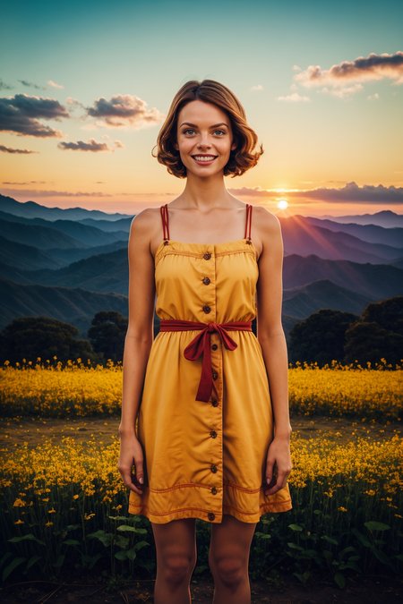 <lora:åæå¥³å­©:0.9>,mn,Adventure 1girl in the distance with a sundress,(looking at viewer, teasing smile),sunset,dawn,on a flower field,dark scene,masterpiece,realistic,reality,highres,slim,fit,thin body,Adventure,often for adventurous journeys,action-packed plots,or exploratory writing,