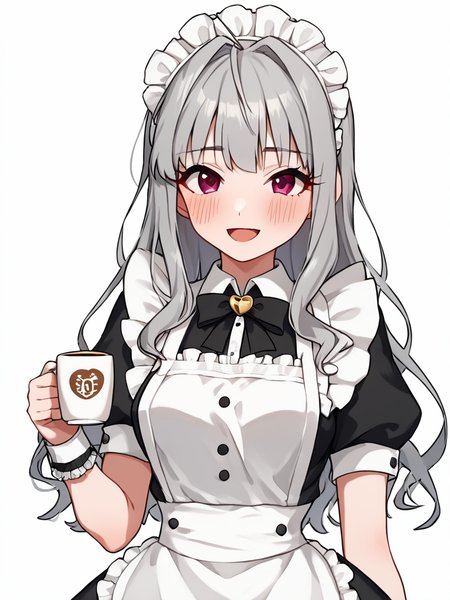 score_9,score_8_up,score_7_up, <lora:idolmaster_cinderella_all:1>ï¼1girl, :d, absurdres, blush, coffee mug, enmaided, grey hair, highres, holding, latte art, looking at viewer, maid headdress, official alternate costume, pretty waitress (idolmaster), puffy short sleeves, shijou takane, simple background, sleeveless dress, solo, white apron, white background, wrist cuffs