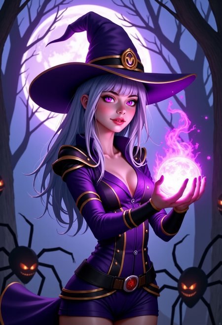 A hyper-realistic portrait of Syndraa, she is a witch and wearing a headpiece that is a witch hat, the hat is purple and there is a small laughing hallow's head on top of it.
Her hair is long and light blue, she had glowing purple eyes and very pale, almost white skin. Her expression is scary yet seductive, also worth to mention that she is the most beautiful witch-girl in the world. 
Her clothing is purple aswell with black and orange lines, it's a very detailed witch outfit. 
She is holding a glowing purple orb in her left hand that is flaming with purple flames, because she casts a purple spell with her other hand.
The background is simple and scary, a forest with big ugly spiders watching her with red eyes. There is a big purpe moon behind her, it glows beautiful light on her and the forest. 
photography, high-resolution, dynamic, energetic,hyper-realistic, dramatic lighting