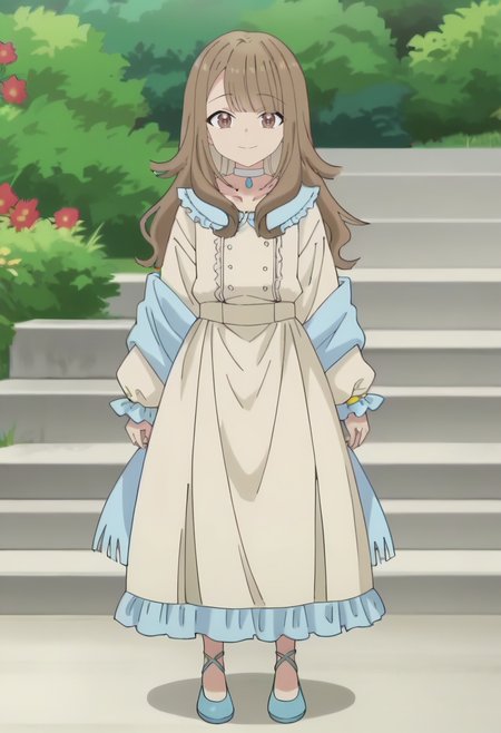 <lora:Hikari Tanabe:0.9>  Hikari Tanabe, 1girl, brown eyes, long hair, brown hair , solo,blunt bangs,       choker, long sleeves,  collarbone,   white dress, looking at viewer, smile, full body, score_9, score_7_up,anime coloring ,source_anime, anime, anime screencap