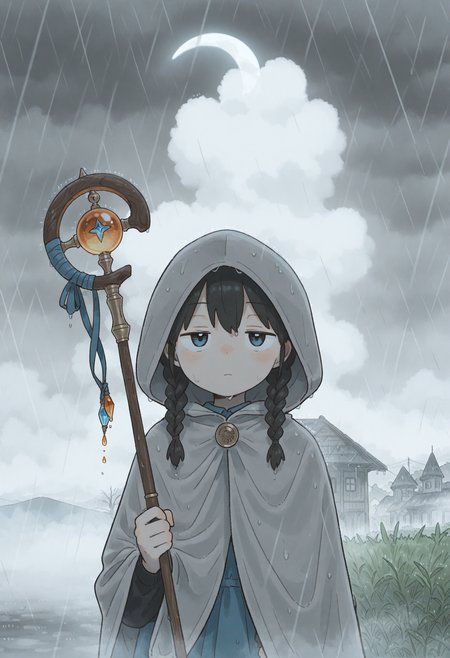 masterpiece, best quality, amazing quality, very aesthetic, high resolution, very awa,
1girl, face focus, twin braids, jitome, cloud, crescent moon, fog, holding mage staff, rain, hood up, cloak, [(realistic:0.5)::0.2],
, <lora:NOOB_EPSv1_1_detailer_by_vlnvk_v1_0:1>
, <lora:spo_sdxl_10ep_4k-data_lora_webui:.5>
,    <lora:Wakaba:.9>