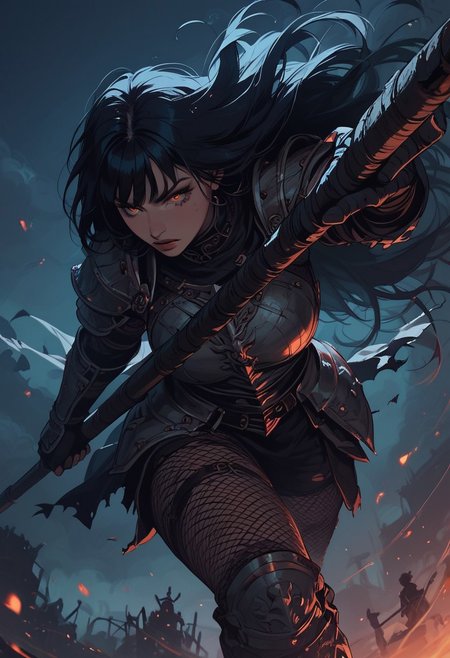 Score_9, Score8_up, Score_7_up, (((High Resolution, Best Quality))), 
1girl, beautiful, breasts, battle scarred, damaged armor, fishnets under armor, bangs, long hair, plated armour, holding staff, battle stance, dynamic angle, ancient fantasy city, battle-ready stance, dynamic pose, at night, moonlight, riding a nimbus cloud, nimbus, wukong theme, directional lighting, viewed from above,