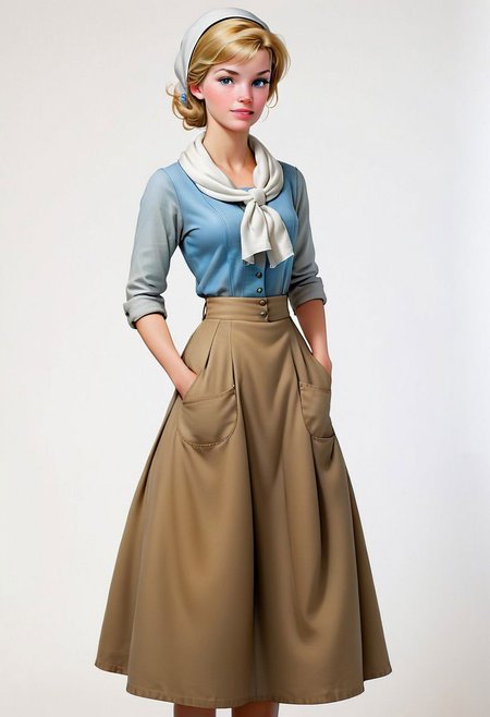 Ultra Realistic, full body shot,  Cinderella,  ,  housework everyday dress, white scarf in hair, hand on hips