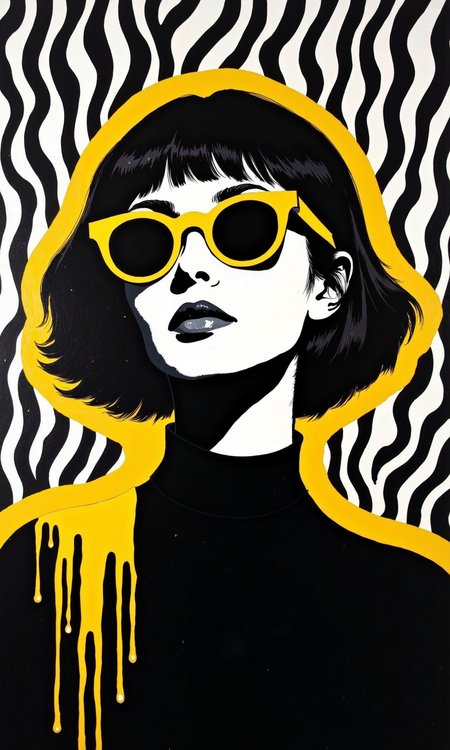 Close-up of a stylized portrait of a woman.Â 
The womanâs face and upper torso are the central focus, set against a background of repeating black and white patterns. These patterns consist of a series of wavy lines and thick stripes, creating a dynamic visual texture.Â 
The woman's hair is styled in a bob with short, dark-colored bangs.Â Her expression is composed and slightly contemplative, with her gaze directed off to the side.Â She wears round, bold yellow sunglasses with black frames.Â 
Her attire consists of a dark black turtleneck-style top, and the top of the garment is outlined with a vibrant, thick, yellow line, creating a visual frame around her. The yellow outline also extends to suggest drips or streaks of yellow paint, descending from the shoulders.Â 
The overall aesthetic is graphic and bold, employing contrasting colors and patterns to emphasize the woman's features. The monochromatic tones of the background and the black turtleneck are offset by the striking yellow accents, particularly the sunglasses and outlines. The pattern and style contribute to a retro or art deco feel.
<lora:FLUX-daubrez-DB4RZ-v2:1> DB4RZ, DB4RZ style painting