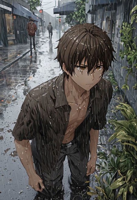 Highres, Masterpiece, High Quality, 4K, 8K, solo, 1Boy, Seiya Kanie, short dark brown hair, golden eyes, footpath, urban, wet, slippery, puddle, heavy rain, overcast, dark, drenched, weak, beaten, looking down, sad, wet hair, withered plants, easynegative, detailed_eye_model