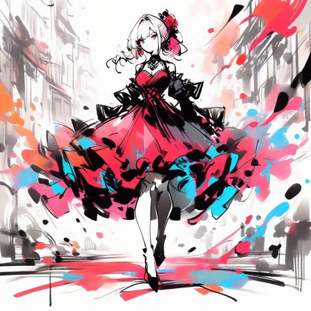 inksketch, a woman, colorful, full body, beautiful red and black dress