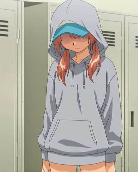 <lora:Yuri_Illustrious_from_The_Invisble_Stud_Returns-000009:1>,yuri,anime coloring,anime screencap,cowboy_shot,white cappie,standing eyes covered,grey hoody,baseball_cap,twintails,(hood up:1.1),looking down,face dark,locker room,(no eyes:1.2),solo,