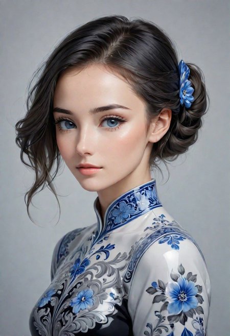 woman, porcellana style. (black, grey, blue), 'kindhearted person'