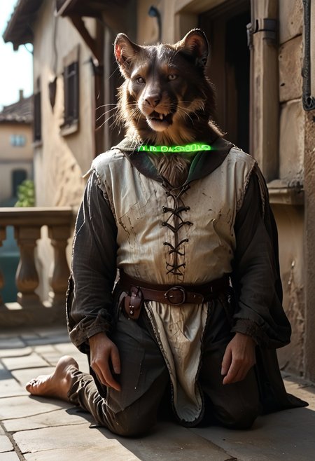 score_9, score_8_up, score_7_up, (((Barefoot furry character, full body, cinematic setting, furry male, plantigrade, correct anatomy, perfect hands)))
(((side view))) on a beautiful and detailed (((skaven))), (((templar outfit))), templar knight, black fur rat, green gem necklace, ((1boy, solo, solo focus)), muscular, furry male, burgundy and black fur,body fur, perfect eyes, perfect face, fur, fluffy fur, tuft, detailed fur,, bronze eyes, curvy, covered nipples, Expressiveh, looking at the viewer, seductive smile, half closed eyes, tight clothes, skindentation, ear piercing,cute makeup, BREAK indoor, detailed background, balcony, abs, ((muscular)), white neck fluff, (((nice furry feet paws)))
(((kneeling on one leg))), enslaved by hypnotic spell, green glowing in his eyes, green smoke around neck, green collar formed by magic smoke around neck , open mouth, drooling