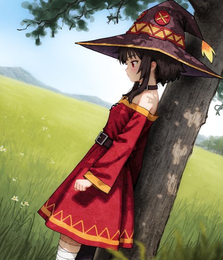 (by reddizen, by akai sashimi:1.25), sketch by ask \(askzy\), traditional media, official art, aged up, general safe,
megumin,  from side, profile, looking to the side, leaning against tree, dappled sunlight,    solo, disdain,  uneven legwear, wizard hat, clenched hands, long skirt,
aesthetic elegant beautiful, hyper detailed, old, retro artstyle, 
blurry foreground, detailed background, outdoors, (dutch angle:1.2), nature, perspective, meadow,