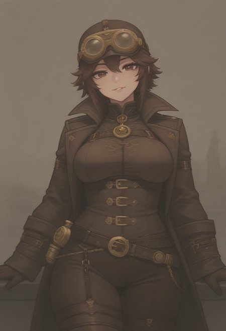 masterpiece, best quality, medium breasts, (curvy),  ,,, steampunk pirate captain, brass goggles, weathered leather coat, mechanical parrot, airship in the background, intricate steampunk accessories, rugged and confident poseBREAK, 1girl, solo,  smile, looking at viewer, cowboy shot,   <lora:AfrobullIXL_v1:1.0>,