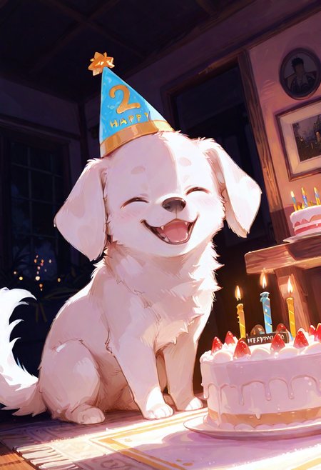 masterpiece, best quality, amazing quality, flat colors, high detailed, high quality, high resolution, 4k , male , solo , 1boy, feral, puppy, white fur,  eyes closed, Birthday cake, candles, at table, birthday hat, happy, in house  , dynamique angle, sitting, looking at viewer, smile