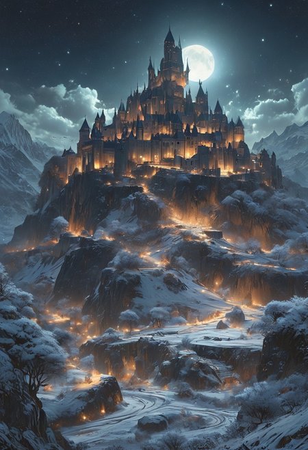 A captivating night scene illustration featuring a grand yet comfortable fortified castle  standing tall on a rocky and snowy mountain. The castle, adorned with multiple windows, emits a warm glow, highlighting its intricate architecture and rich history. The snow mountain is covered in great pine trees, reflecting on the calm, moonlit snow  that mirrors the silvery moonlight. The full moon graces the sky, casting an ethereal glow on the clouds and mountain, while wispy clouds partially obscure its brilliance, adding to the scene's mystique. Twinkling stars dot the sky, creating a celestial tapestry that harmonizes with the moon's radiance. This enchanting artwork captures a serene and peaceful night, where the illuminated castle  stands resolute amidst the celestial beauty, creating a cinematic experience., illustration, cinematic
<lora:DonM3t3rn1tyXL-v1.1:0.7>, DonM3t3rn1tyXL,
OverallDetailXL  <lora:MJ52:0.3>  <lora:SDXLFaeTastic2400:0.4>  <lora:EpicF4nta5yXL:0.7>
