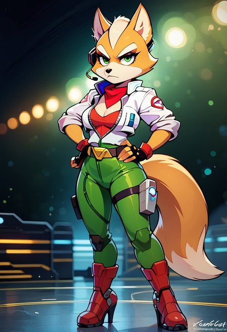 score_9, score_7_up, 
solo, 1girl, fox mccloud, furry, tail, green flight suit, white jacket, rolled sleeves, green legwear, fingerless gloves, red boots, mechanical boots, high heels, red bandana, headset, belt, holster, medium breasts, cleavage, eyelashes, 
full length portrait, intense facial expression, looking serious, hands on hips, 
abstract background, blurry background, bokeh, 
zzCitronCAT,