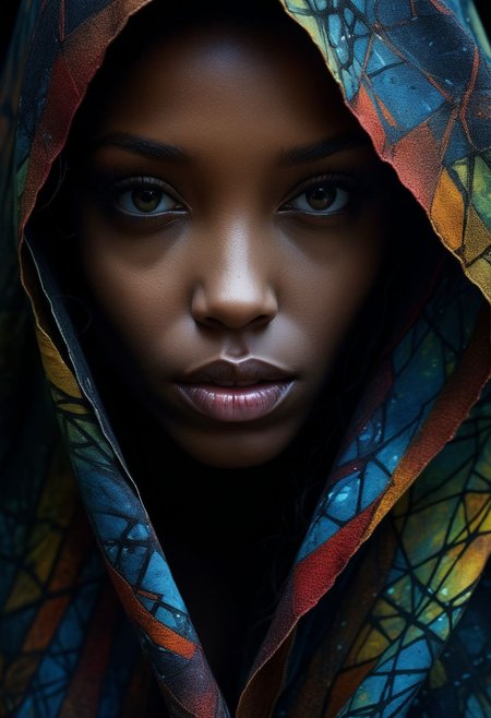 Close-up face, mysterious silhouette of an exotic coloured girl in worn down cape, goddess, alluring, by Minjae Lee, Carne Griffiths, Emily Kell, Steve McCurry, Geoffroy Thoorens, Aaron Horkey, Jordan Grimmer, Greg Rutkowski, amazing depth, double exposure, surreal, geometric patterns, intricately detailed, bokeh,  perfect balanced, deep fine borders, artistic photorealism , smooth,  great masterwork by Suiras  <lora:add-detail-xl:2>  <lora:Double_Exposure:0.5>