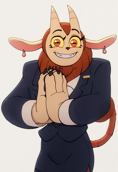 <lora:MaulieManticorePony1.0:1> maulie, horns, furry, solo, 1girl, earrings, animal ears, formal, suit, furry female, pencil skirt, red eyes, yellow sclera, teeth, smile, fangs, score_9, score_8_up, score_7_up, score_6_up, score_5_up, score_4_up, looking at viewer, cowboy shot,upper body, white background, own hands together,