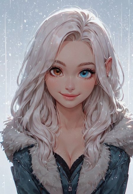 score_9, score_8_up, score_7_up, score_6_up,  1girl, gorgeous girl, pretty, cute face, beautiful eyes, heterochromia, different eye colours, one blue eye, one brown eye, white hair, (((long hair))) , cleavage, (slim fit), pose, (perfect lighting) , halfbody portrait, looking at viewer, ((smile)), smiling, ((happy)), cute, cute face, detailed eyes, beautiful eyes, pretty dress, detailed pattern,
fur lined hoodie, coat, jacket, winter, snowy background, snow, cold, (((human ears))),
husky, dog, wolf, husky dog, girl next to dog, girl with dog, husky with heterochromia, husky dog pet,