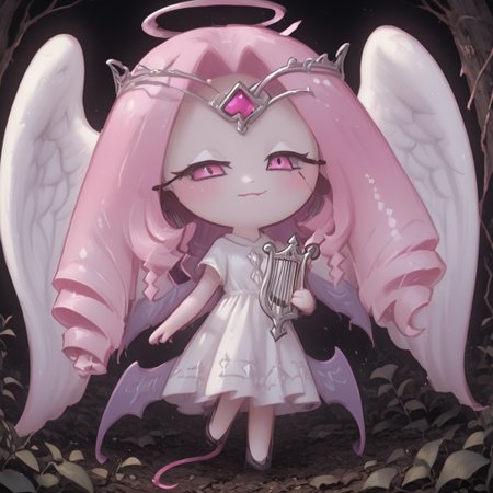 lazypos,mobe-godeen,In the  dark havens, outside,eternalsugarcookie-CK,pink hair,long hair, pink skin,angel wings,halo,demon tail,holding a lyra harp,chib,solo,female1,looking at the views in a evil way,high-quality,beautiful detail,