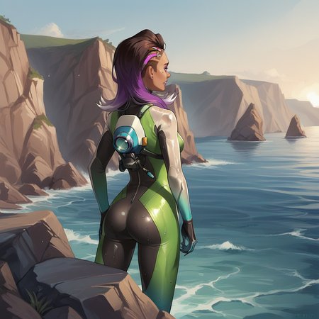 score_9, score_8_up, score_7_up, score_6_up, score_5_up, score_4_up, zPDXL2,source_anime,rating_questionable,  <lora:Coast:0.7> co4st, outdoors, ocean, rock, cliff, 1girl, solo, wetsuit, bodysuit, wet hair, cowboy shot, sombra overwatch, snorkel, scuba
