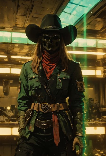 Roger-style, an ultra-detailed vintage-style photograph of a rugged space cowboy standing in a dynamic, confident pose. The cowboy wears a worn, military-style jacket adorned with a crooked red comic patch and a weathered bandana tied around his neck. The cozy yet utilitarian interior of an old, well-loved space freighter surrounds him, with mismatched metallic panels, dim amber lights, and scattered personal effects adding character to the scene. The lighting echoes a surreal, neon-futuristic palette, with pale yellow and faint green hues casting a soft, ethereal glow across the environment. Volumetric lighting creates fragmented, prismatic beams that highlight the dust in the air and emphasize the cowboy's features with painterly, overexposed highlights and rich shadows. The warm, hazy atmosphere is subtly accented with faint geometric patterns and blurred neon reflections, giving the scene an otherworldly yet nostalgic presence, blending vintage charm with futuristic allure.