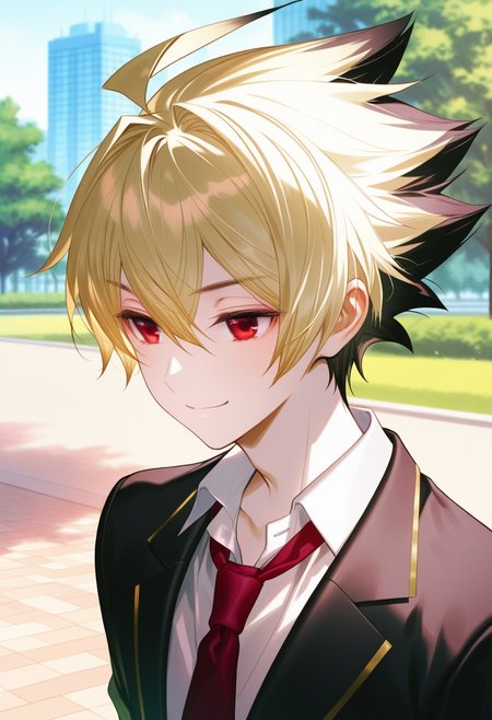 artist:gomzi,artist:wanke,artist:diyokama, rei_(sanbonzakura),[[artist:fuzichoco]],year 2023,
1boy, solo, kido hyde, red eyes, two-tone hair, blonde hair, black hair, spiked hair, short hair, ahoge, dyed bangs,
red shirt, white jacket, black suit, red necktie,
park, smile, upper body,
<lora:uni_maleplayables.ilxl:0.8>