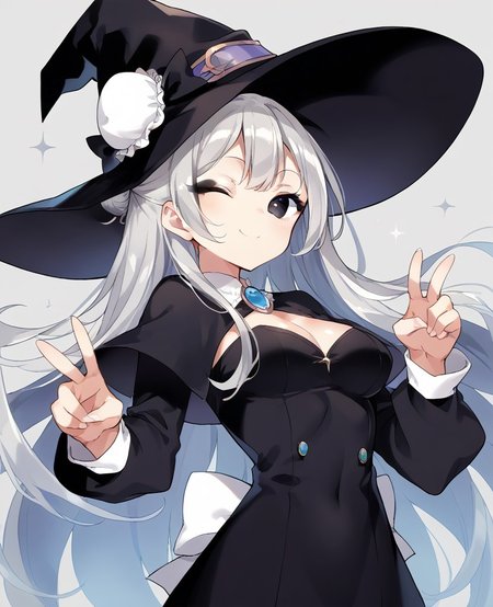 score_9, score_8_up, score_7_up, score_6_up, 1girl, solo, perfect hand, medium breasts ,((colorful:1.2)) ,tall ,witch hat ,very long hair ,silver_hair ,black_eyes ,hair_bun ,straight_hair ,white eyeliner ,dutch_angle ,winking ,v