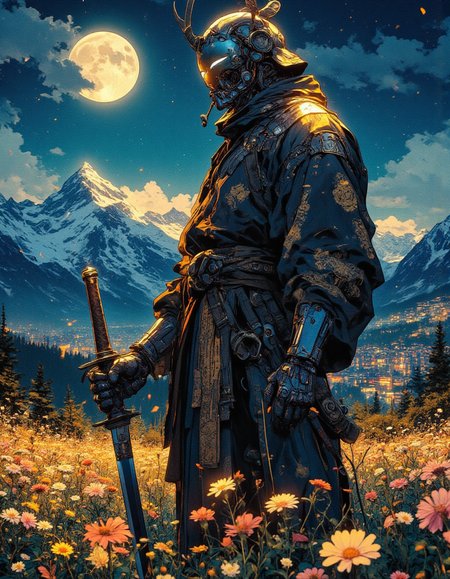 A futuristic cyber a figure  standing in a field of wildflowers under the moonlight. He wears a highly detailed traditional samurai robe with intricate golden embroidery. His hands are covered in reflective metallic gauntlets, gripping a razor-sharp katana. helmet- mask is a smooth, mirror-like  reflecting the night sky, mountains, and glowing city lights in the distance. The scene is bathed in deep blue and golden hues, blending soft natural light with cinematic contrast. Japanese aesthetics and cyberpunk technology 