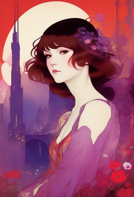,tj,LocationInformation,in the style of 2d game art,characterized woman,dmitry vishnevsky, neon purple and red white,cute and dreamy,editorial illustrations,kawai girl ,detailed drawing, by (Alphonse Mucha), vivid paint brushes, wild flowers, misty dreamlike cityscape ruins in background