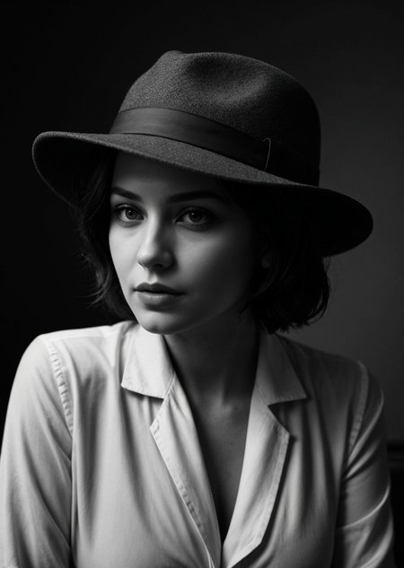 Film noir style, portrait of a woman, (short:0.3) wavy hair, detective, fedora hat, shirt, tie, indoor, bold lines, hyper detailed, mysterious, cinematic, looks at viewer, (closeup:0.8), (smoke:0.5), monochrome, studio lighting, high contrast, sharp focus on a subject, dark background, dramatic shadows <lora:pytorch_lora_weights:0.5>, <lora:picxer_bside:0.7>