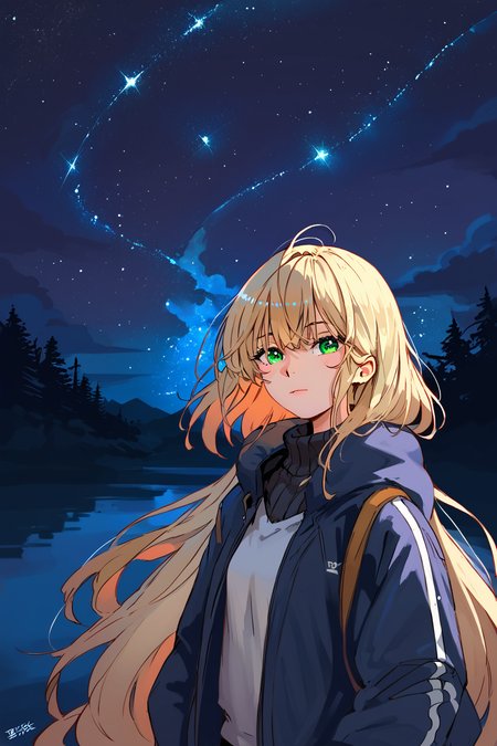 PDXL, source_anime, <lora:MusshuV1:1>, mu55hu, 
giant lake, night sky, stars, galaxies, 
volumetric reflections, volumetric shadows, HDR, shot on Canon DSLR