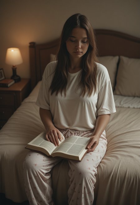 best quality,amazing quality,very aesthetic,absurdres,masterpiece,, realistic, professional cinematic film still, film grain, haze, bedroom, afternoon light,large windows. Candid, 1 girl, thick, long hair, sitting, bed, against pillows, relaxed, reading a book, cluttered rustic, ornate, bedroom, long white tshirt, pajama pants