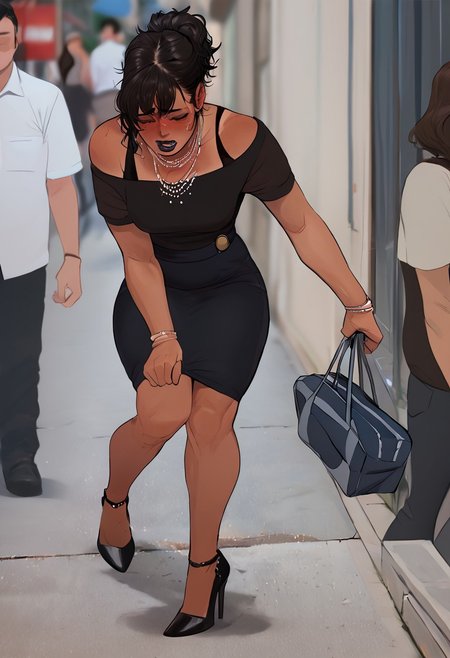 score_9, score_8_up,solo,milf desperate on a crowded street, standing in queue to porta-potty, desperation, crossed legs, bent over, holding crotch , embarrased, toned female, messy ponytail, side locks,multiple women,  bag on shoulder,tight clothing, black short dress, high heels, multiple necklace,feminine face,(source_anime:0.4), (tan skin:1.3), dark lipstick