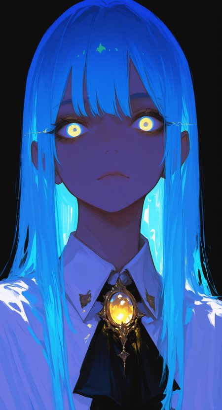 masterpiece, best quality, good quality, very awa, very aesthetic, absurdres, newest,bristle,Surreal,
Transhumanism, 1girl, ascot, black ascot, black background, blue hair, brooch, collared shirt, glowing, glowing eyes, glowing gem, jewelry, looking at viewer, portrait, shirt, long hair, simple background, solo, white shirt, yellow gemstone <lora:ponyv6_noobV1_2_adamW-000017:0.7> <lora:USNR_STYLE_XL_lokr:0.45> <lora:745cmSDXLvpred75S:0.6>