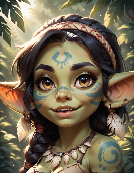score_9, score_8_up, score_7_up, rating_questionable, <lora:Smooth Anime Style LoRA XL:0.8>, fantasy, cinematic lighting,
1 girl, solo, cute, (short:1.2), small body, (shortstack:1.1), goblin, tribal clothing, chibi, hair ornament, jungle, high angle, looking at viewer, tribal body paint, feather neckwear, headband, close-up, head tilt, headshot portrait, side view, mouth open