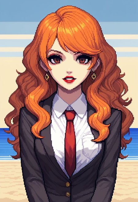 Pixel_Art,
1girl, solo, portrait, bangs, lipstick, makeup, lips, teeth, mascara, nose, earrings, jewelry, breasts, orange hair, long hair, brown eyes, wavy hair, swept bangs, medium breasts, black jacket, white shirt, necktie, jacket, shirt, looking at viewer, red lips, collared shirt, school uniform, breast pocket, blazer, wing collar, outdoors, beach, day