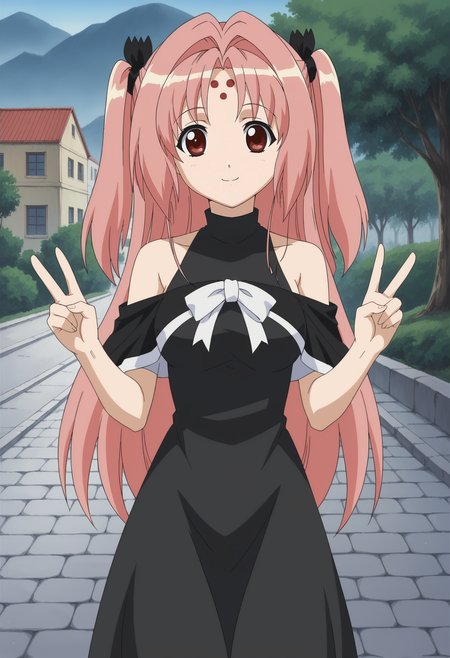 <lora:Miharu_Sena_Kanaka-Girls_Bravo:0.8>,1girl,solo,Miharu Sena Kanaka,pink hair,long hair,two side up,red eyes,forehead mark,hair ribbon,black dress,bare shoulders,looking at viewer, cowboy shot, double v, smile,outdoors