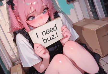 1girl, solo, CivChan, little CivChan,
masterpiece, best quality, amazing quality, absurdres,
cute girl, very cute face, 
holding, two-handed, need_buzz, holding sign,
nervous, blushing, 
chromatic aberration, dynamic angle, 
streets, on streets, colorful background, detailed background, sitting, sitting in a cardboard box,