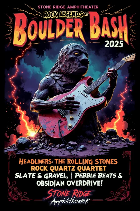 "Rock Legends at Boulder Bash 2025!". A colorful poster featuring a granite boulder shredding on an electric guitar, with pebbles as a cheering crowd. The lineup reads: "Headliners: The Rolling Stones, Rock Quartz Quartet, Slate & Gravel, Pebble Beats, and Obsidian Overdrive!" The location: "Stone Ridge Amphitheater, Earthâs Core Arena." Neon lightning bolts and exploding fireworks frame the scene, promising an epic rock ânâ stone experience., <lora:Luminous_Shadowscape-000016:0.4><lora:black_fantasy_1.0:0.4><lora:Glitchcore_Flux:0.4><lora:- Flux1 - vanta_black_V2.0:0.4>