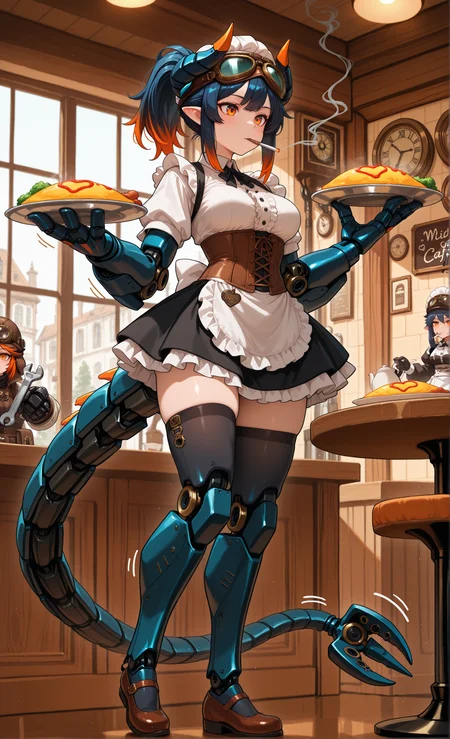 masterpiece, sharp detail, intricate detail, 1girl, <lora:illustrious_mechabare_v1:1> dark blue hair, orange tips, vivid orange eyes, ponytail, demon horns, pointy ears, motion lines, joints, mechanical arms, fewer digits, mechanical tail, doll hands, oversized hands, birdlike legs, mechanical legs, oversized legs, oversized limbs, holding omurice plate, indoors, maid cafe, smoking, tables, chairs, holding HUGE wrench, steampunk, corset, thighhighs, aviator goggles, aviator cap, maid, maid apron, frills, mary janes,  <lora:NOOB_vp1_detailer_by_volnovik_v1:0.7> <lora:illustriousXL_stabilizer_v1.23:0.8>,,