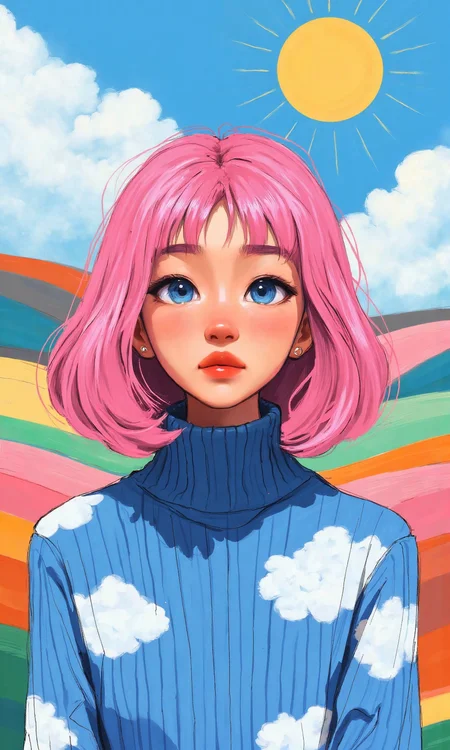 Medium shot digital artwork with a vibrant and illustrative style depicts a young woman centered in the image, her body is positioned facing directly forward and her head is also facing directly forward, her body pose is upright and symmetrical with her arms positioned at her sides, her face is in a full front view, looking directly at the viewer with wide open blue eyes and a neutral expression, her hands are not visible, the image is made of smooth, bold lines and flat, vibrant colors with soft shadows to add depth, the woman's pink hair is styled in a voluminous bob that frames her face, the hair is thick and wavy, particularly around her cheeks and jawline, creating a soft and rounded silhouette, her face shows stylized features with large, round blue eyes, a small and subtle nose, and a gentle closed mouth with a hint of pink lipstick, her eyes are large and round with bright blue irises, dark pupils, and prominent white highlights, her hairstyle is a short, voluminous pink bob with rounded ends and straight bangs that reach her eyebrows, her hair color is a vibrant, solid pink, she is wearing a blue sweater with white cloud patterns, the sweater has a high, ribbed, dark blue turtleneck collar and long sleeves, the body of the sweater is light blue with horizontal white stripes and puffy white clouds scattered across it, no accessories are visible, the background is a colorful skyscape, the upper part is a bright blue sky with puffy white clouds, the middle ground shows rolling hills in pastel shades of pink, orange, green, and blue, and the top most sky area is a gradient of dark blue to light blue, with a stylized yellow sun with radiating lines positioned at the upper right corner, bright and even lighting illuminates the scene, casting soft shadows that add dimension to the woman and the background, enhancing the overall cheerful and whimsical nature of the artwork., <lora:FLUX-daubrez-DB4RZ-v2:0.35> DB4RZ, DB4RZ style painting
<lora:aidmaMJ6.1_v0.5_3:0.35> aidmamj6.1, aidmamj6
 <lora:samdoesarts:0.7>