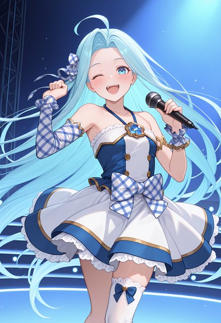 highres, best quality, masterpiece, stage,
1girl, solo, gbfluria, light blue hair, very long hair, ahoge, blue eyes,
lyridlf, hair ribbon, bare shoulders, halterneck, sleeveless shirt, two-tone shirt, two-tone dress, white dress, blue dress, jewelry, buttons, plaid, bow, frills, detached sleeves, asymmetrical sleeves, plaid sleeves, wrist cuffs, single thighhigh, asymmetrical legwear, bow legwear,
looking at viewer, blush, smile, open mouth, one eye closed, 
dancing, stage, holding microphone, outstreched hand,
<lora:_lyria-elesico-ilxlC:1>