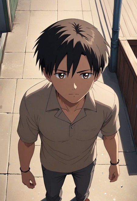 high resolution, solo, best quality, 1Boy, Takaki Toono, Brownish Hair, Brown Eyes, casual, seen from above, gangster, dominant, intimidate, OverallDetail
