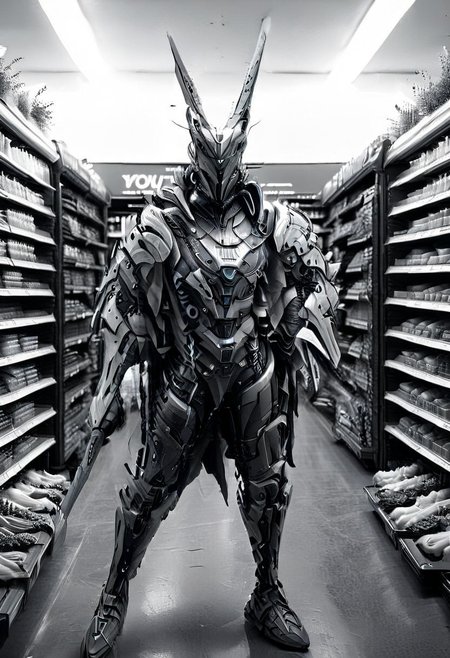 whitemold,3d printed mold,art style,greyscale,monochrome, front view, (supermarket:2), vegetables department, WHITE CYBORG WARRIOR, score_9, score_8_up, score_7_up, score_6_up, score_5_up, score_4_up, UHD, 8K, masterpiece, detailed, ultra_high_resolution, lots of detail, Ultra detailed photo realistic background, lots of detail, RED ILLUMINATED SWORD, cyberpunk, mad-hdwr, cyberpunk.