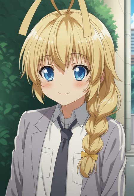 score_9, score_8_up, source_anime, highly detailed, 1boy, solo, male_focus, cute,
hasuta, 1boy, braid, male focus, blonde hair, blush, blue eyes, antenna hair, otoko no ko, smile, solo, single braid, long hair, necktie, white shirt, school uniform, black pants,
outdoor,